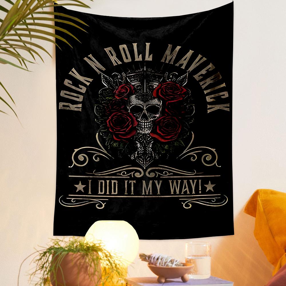Decorative Wall Tapestry Rock N Roll Maverick Skull Roses I Did It My Way Rock Gift for Fans