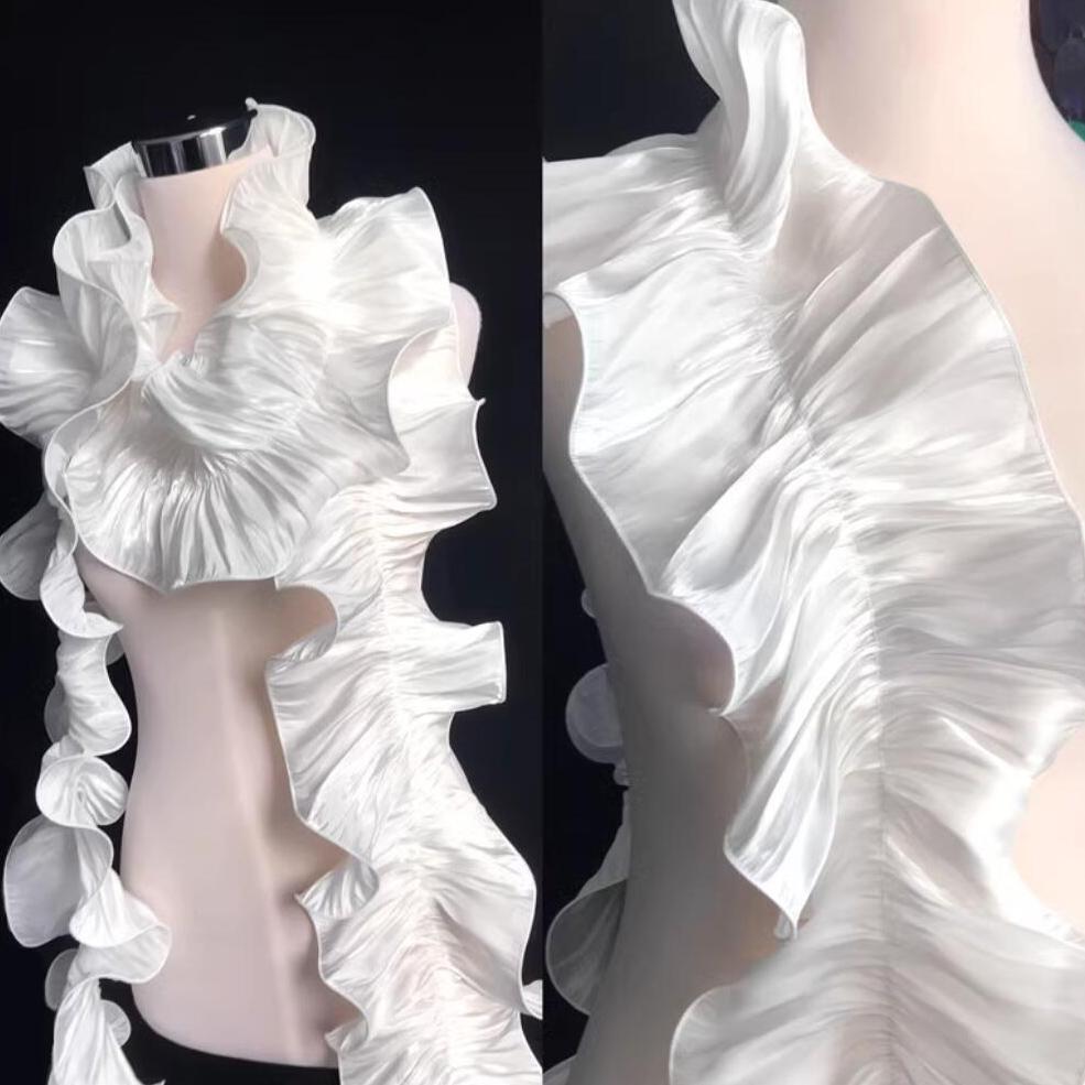 1 Yard Black White Beige Double Ruffle Pleated Chiffon Trim Lace Dress Decoration Fabric Applique Soft Trimming Craft Sewing Decoration