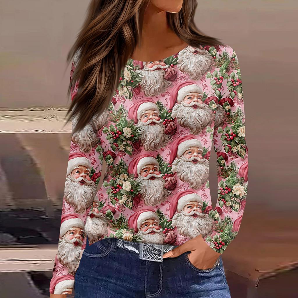 Women's Fashion Hem Slit Casual Christmas Printed Round Neck Long Sleeve Top
