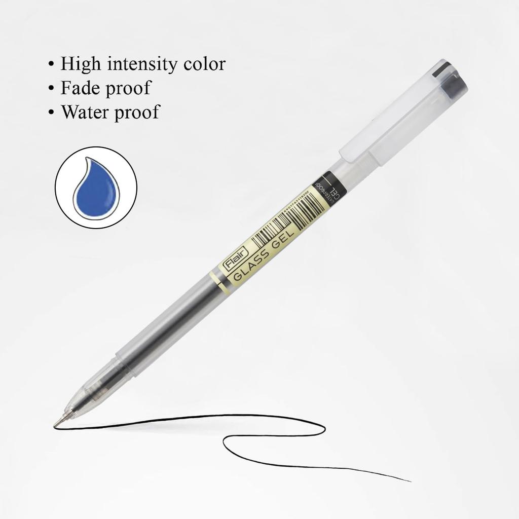 Flair Glass Gel Ball Pen 0.6mm Tip, Blue Ink, Pack of 1 x 30, Smooth Writing for School, Office & Home