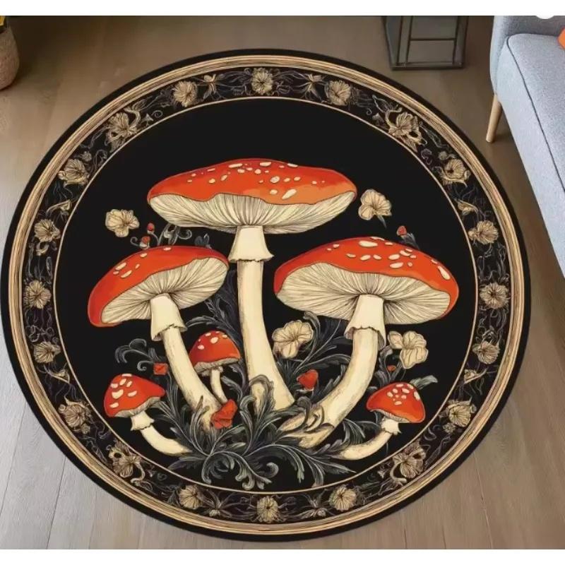 Vintage Mushroom Round Area Rug Dark Botanical Floral Border Non Slip Circle Carpet for Living Room Bedroom Decor