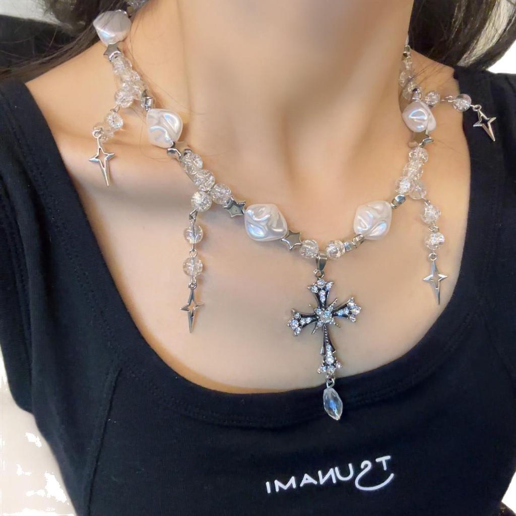 Ожерелье с черным бисерным крестом в готическом стиле Y2K и аксессуар к толстовке для крутой девушки