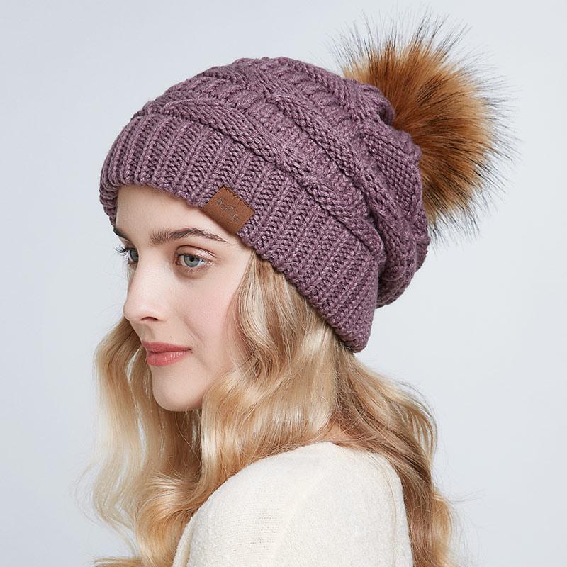 SOMALER Женская зимняя вязаная шапка с напуском, теплая мешковатая лыжная шапка, шапки с помпоном из искусственного меха для женщин