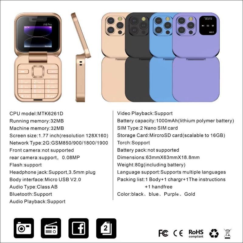 Мобильный телефон I16 Pro Две SIM-карты Двойной режим ожидания Несмартфон Телефон-раскладушка Bluetooth Складной маленький телефон