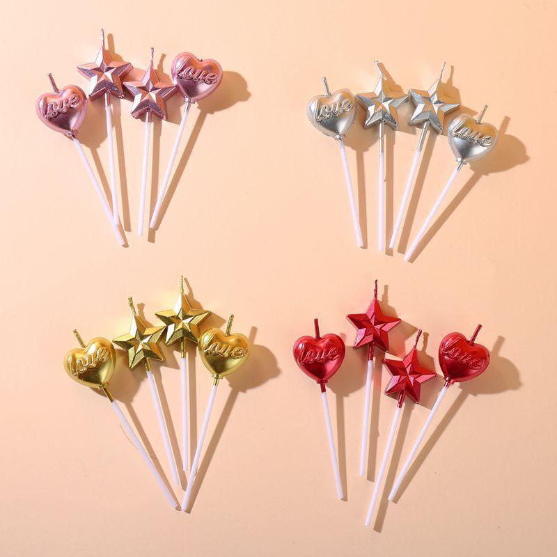 Diamond Love Heart Five-pointed Star Birthday Candle Plated Gold Star Heart Shaped Romantic Baking Cake Decoration Plugin