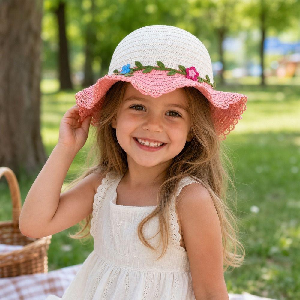 Sweet Handmade Straw Hat Wide Brim 3-7Year Sun Hat Flower Decoration Beach Hat Travel