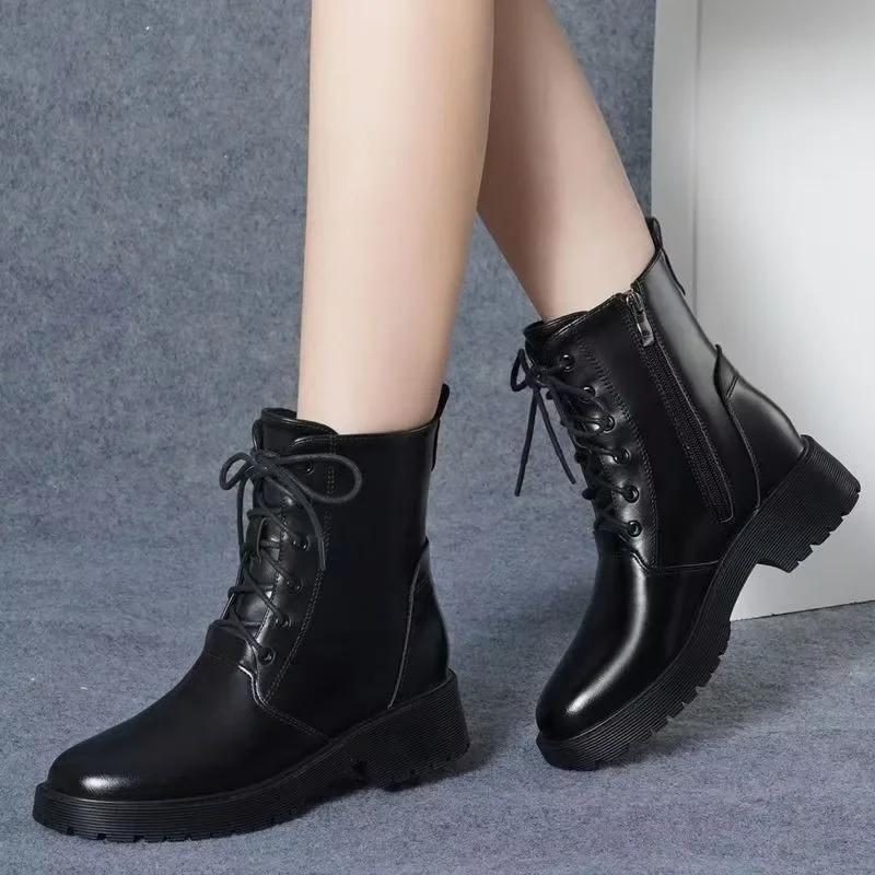 Модная женская обувь 2024 года, новые женские ботинки с боковой молнией, зимние, с круглым носком, теплые, однотонные, короткие, на низком каблуке, модные ботинки Botas De Mujer