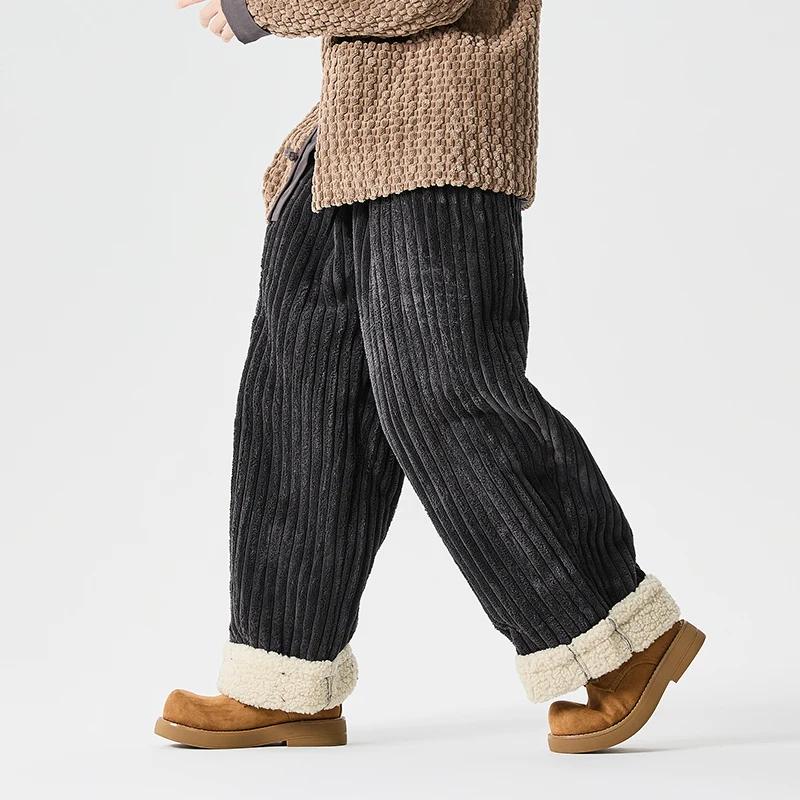Men Corduroy Casual Fleece Pants Winter Men Cotton-Padded Trousers Man Thick Warm Wide Leg Straight Pants Male Leisure Pants
