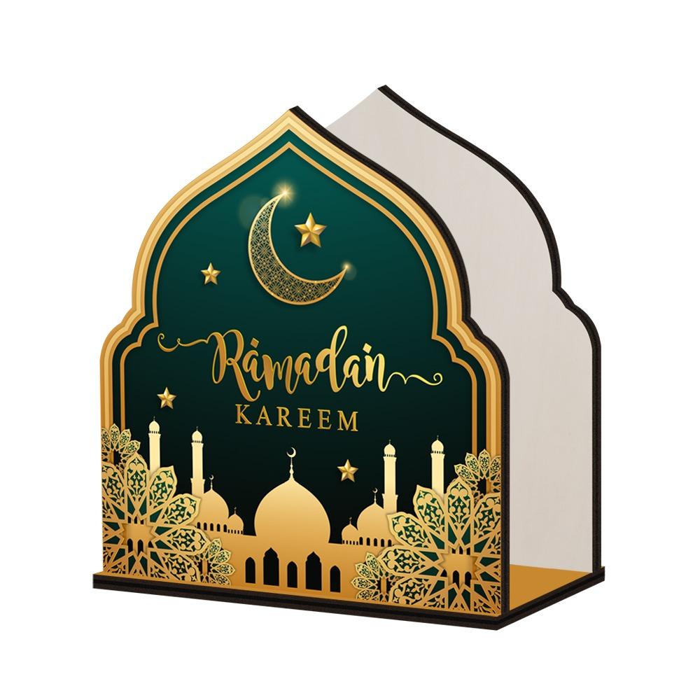 Деревянная коробка для салфеток Eid Mubarak Декоративная коробка для хранения салфеток большой емкости Диспенсер для салфеток с противоскользящим основанием Празднование Ид аль-Фитр