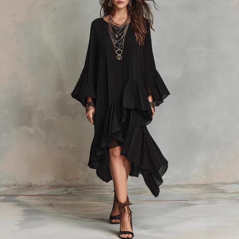 Elegant Asymmetrical Ruffle Black Dress - Spring/Summer 2026 Collection