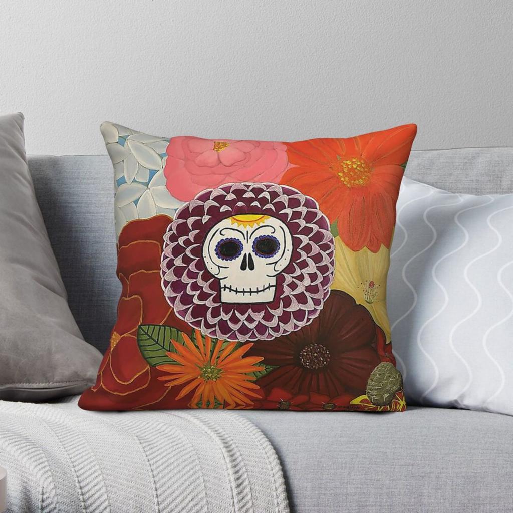 Ofrenda Day Of The Dead Sugar Skull Square Pillowcase Polyester Linen Velvet Printed Zip Decorative Sofa Seater Cushion Cover