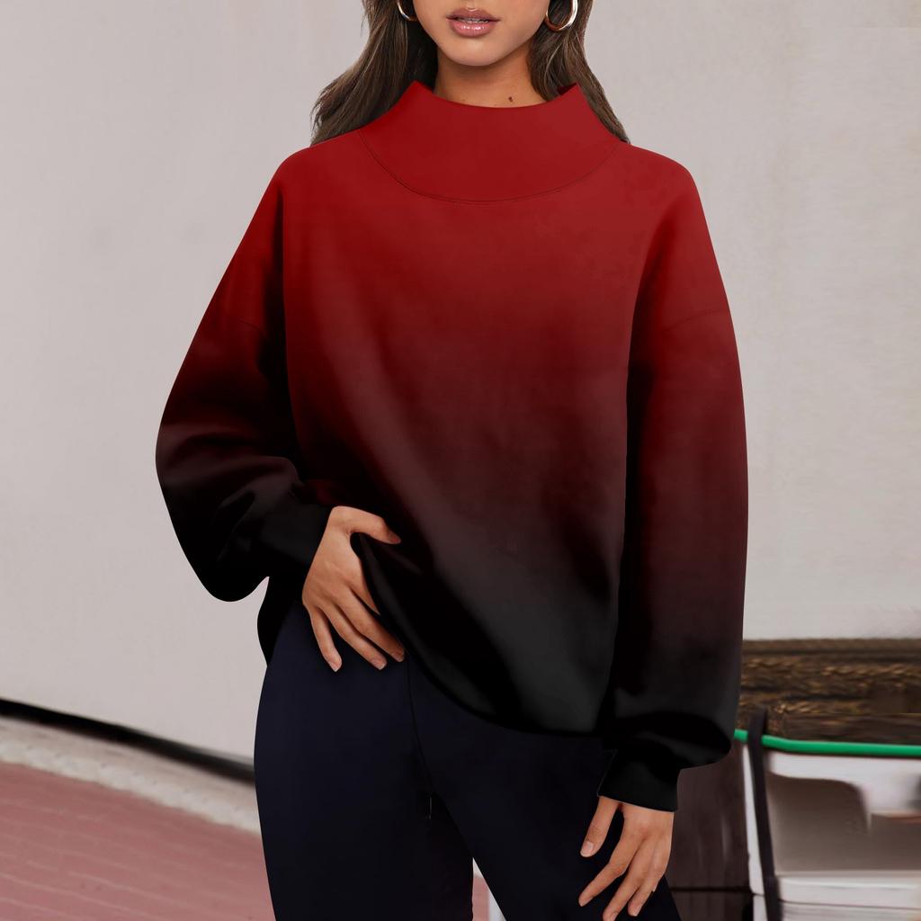 Женская мода градиент цвета с длинным рукавом свободный разрез половина водолазка толстовка топ