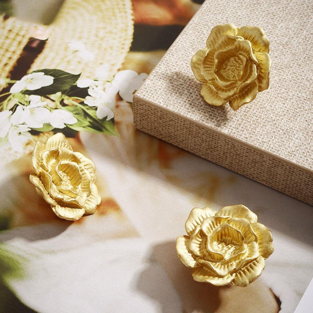 Brass Vintage Flower Pull Handle Camellia Flower Floral Shaped Knobs  Wardrobe Handles
