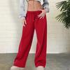 Women Sport Pants Mid-rise Elastic Waist Adjustable Drawstring Long Trousers Solid