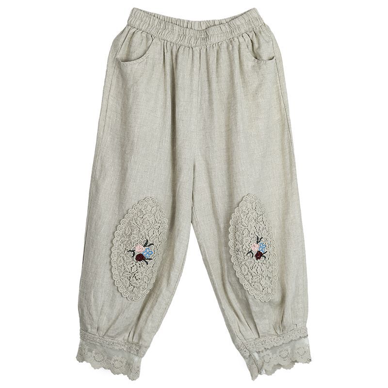 Women Casual Harem Pants Summer Vintage Flower Embroidered Cotton Bloomers Female Ankle Length Lantern Pants