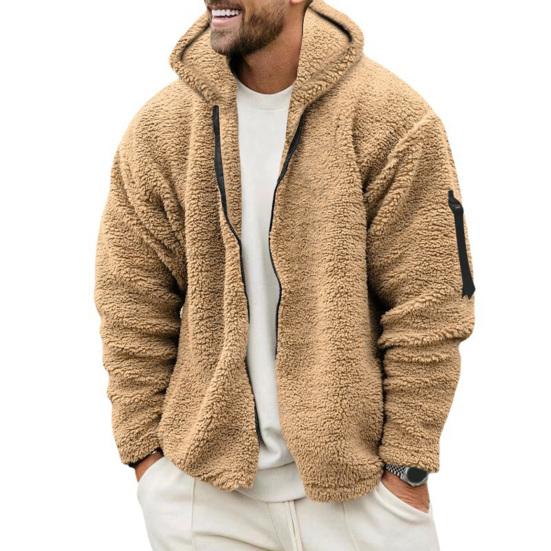 Men Fall Winter Coat Thick Plush Hooded Long Sleeve Zipper Closure Loose Cardigan Warm Cold Resistant Solid Color Soft Pockets Mid Length Men Jacket