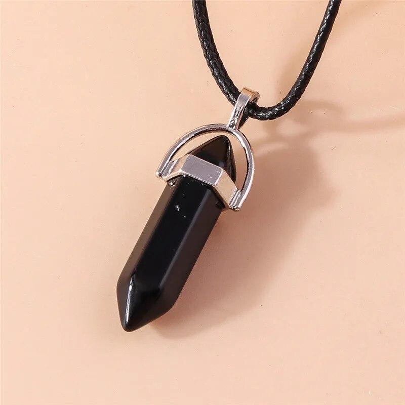 Натуральный камень, кварц, лазурит, опал, аметист, розовый хрустальный камень, шестиугольная колонна, кулон, ожерелья, кожаная цепочка, ожерелье-пуля