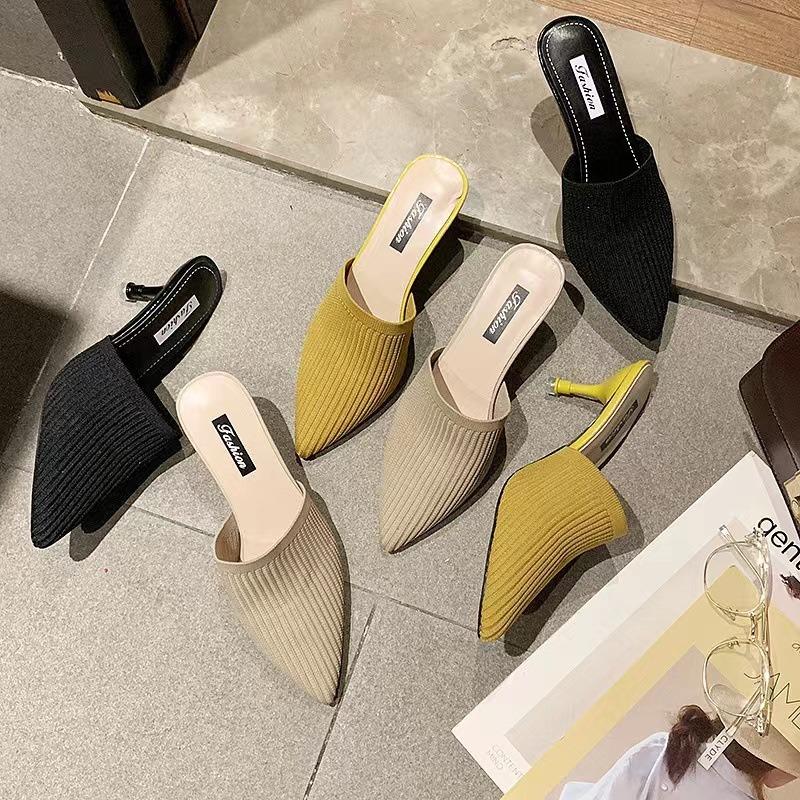 20 New Slippers Women's Fashion Woven Retro Half Slippers Pointed Head Bag Head High Heel Stiletto