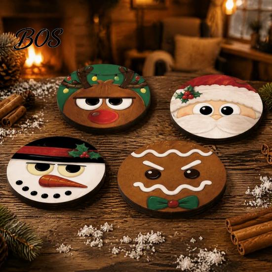 Santa Claus Reindeer Snowman Ornaments 4Pcs Christmas Wooden Coaster, Cute Gingerbread Man Round Coaster Set Drink Mats, Heat-Insulating Table