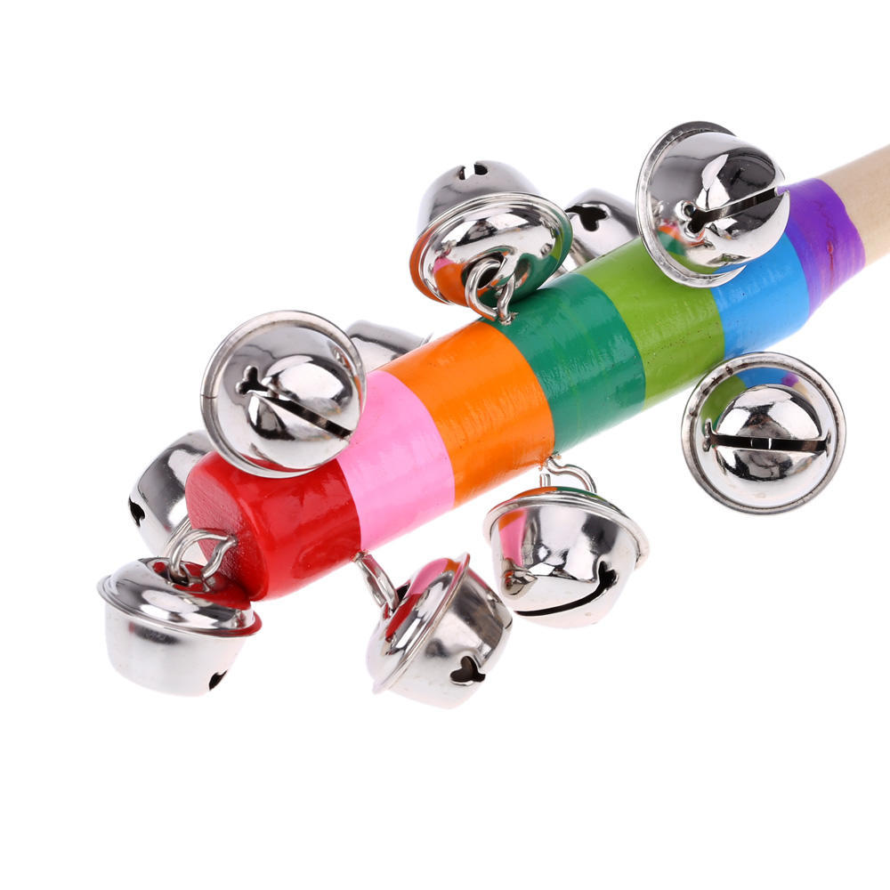 Little Hand Held Bell Stick Wooden with 10 Metal Jingles Ball Colorful Rainbow Percussion Musical Toy for KTV Party Kids Game