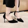 Модные черные туфли на высоком каблуке 2024 года, новые замшевые туфли с застежкой Oneline, стразы, сексуальные темпераментные босоножки на высоком каблуке для женщин