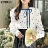VONDA Женские осенние блузки с круглым вырезом и длинным рукавом в горошек на шнуровке