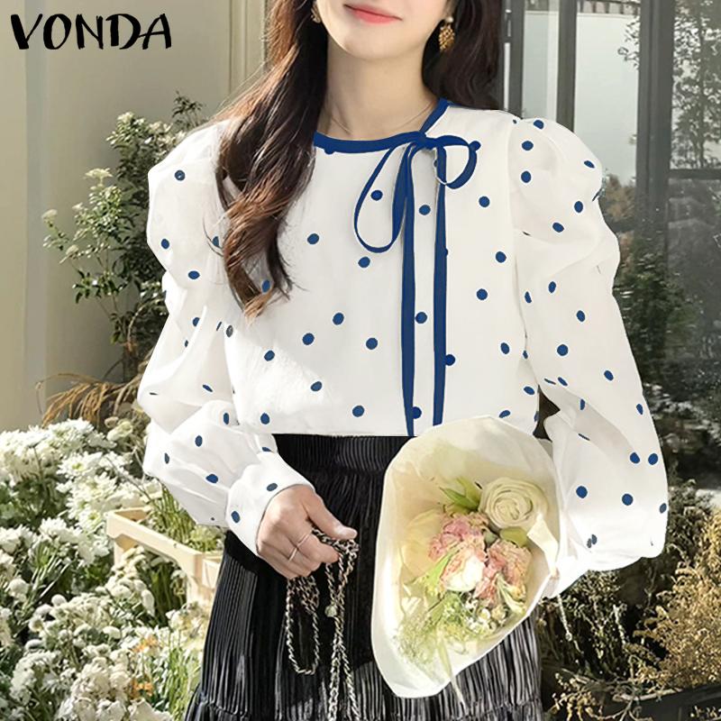 VONDA Женские осенние блузки с круглым вырезом и длинным рукавом в горошек на шнуровке