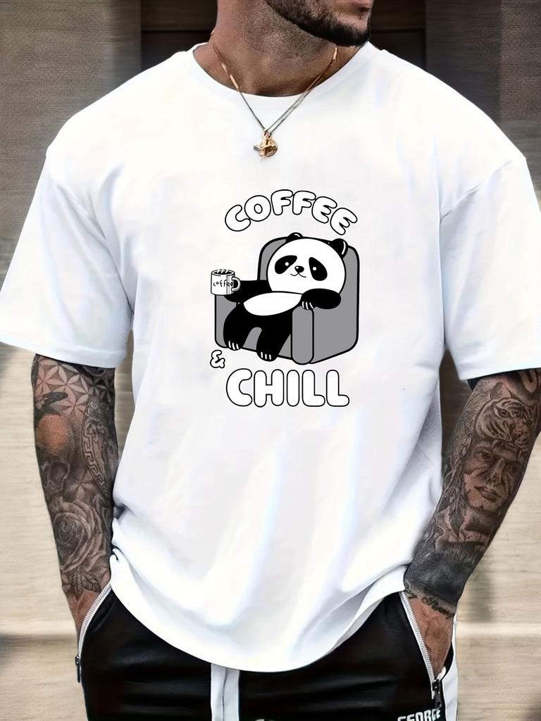Мужская повседневная футболка Panda Coffee Принт Chill, короткий рукав, круглый вырез, дышащая, мягкая, оверсайз, для ежедневной носки