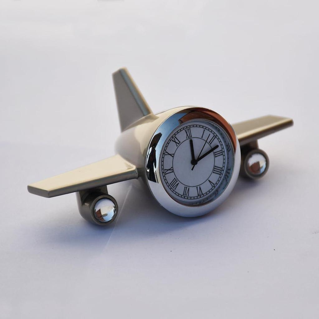 Metal Airplane Clock for Office Desk, Study Table - Aeroplane Miniature Table Clock Showpiece - Best Gift for Airforce Person, (Silver)