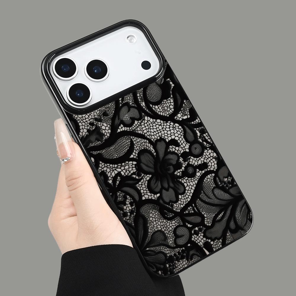 Черный кружевной 2D узор чехол для телефона подходит для iPhone 17 16 15 14 13 12 11 Pro/Max/Plus противоударная задняя крышка