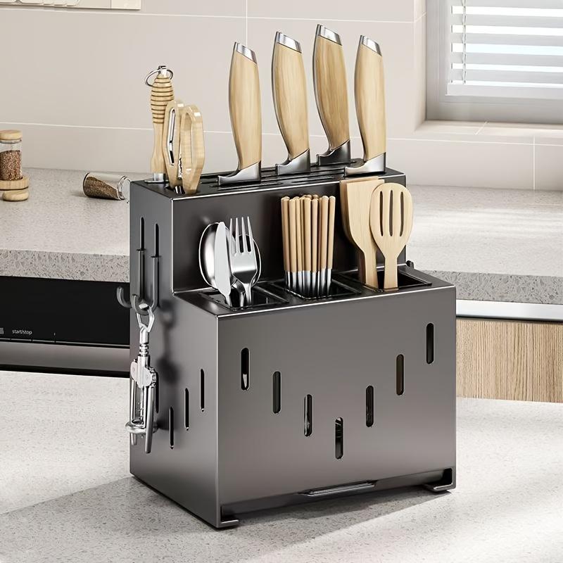 Multifunctional Wall Knife Rack: Dry-Wet Separation,Stylish Drainage.Stores Knives, Spoons,Chopsticks. Essential Modern Kitchen.