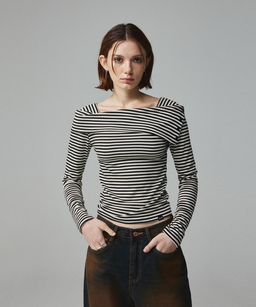 KITTY POTTERY Striped Off-Shoulder Long Sleeve T-Shirt Ivory