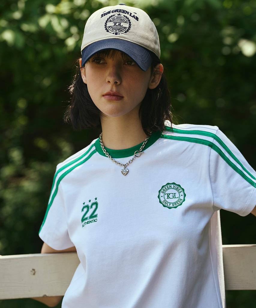 THE GREEN LAB Soccer Football Color Block Short Sleeve T-Shirt [White-Green]