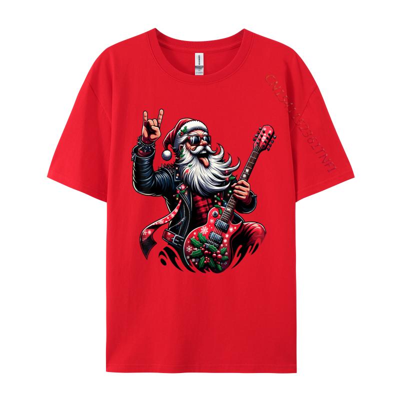 Rock Roll Christmas Santa Claus Guitar Player T-Shirts Autumn Soft Mens Tee Shirts Pure Cotton T Shirts