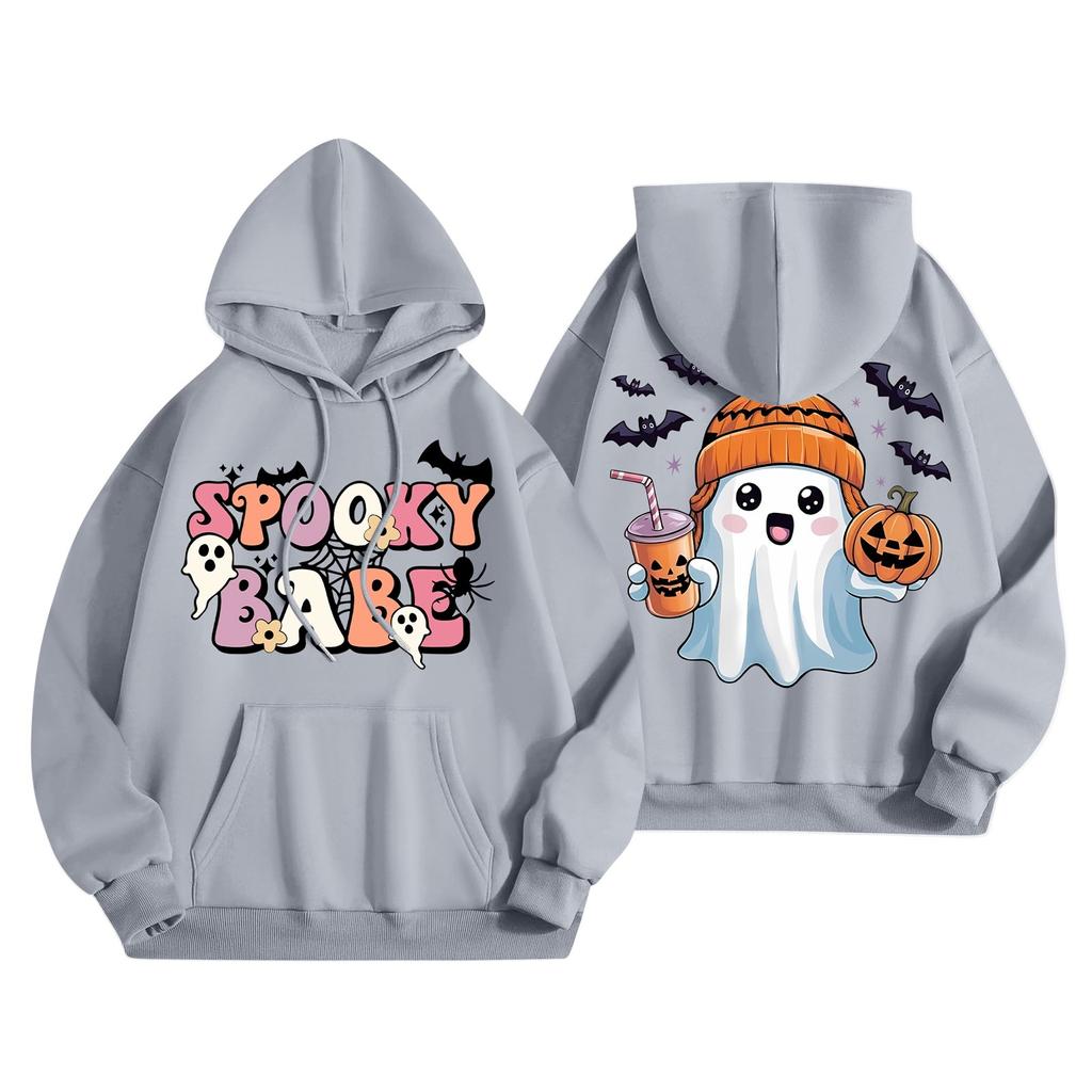 Женская мода, легкий женский свитер с длинными рукавами и карманами, толстовка с капюшоном и принтом на Хэллоуин