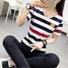 Women  Sweet Round Neck Contrast Stripe Short Sleeves Pullover Print T-Shirt  Spring Autumn Tops