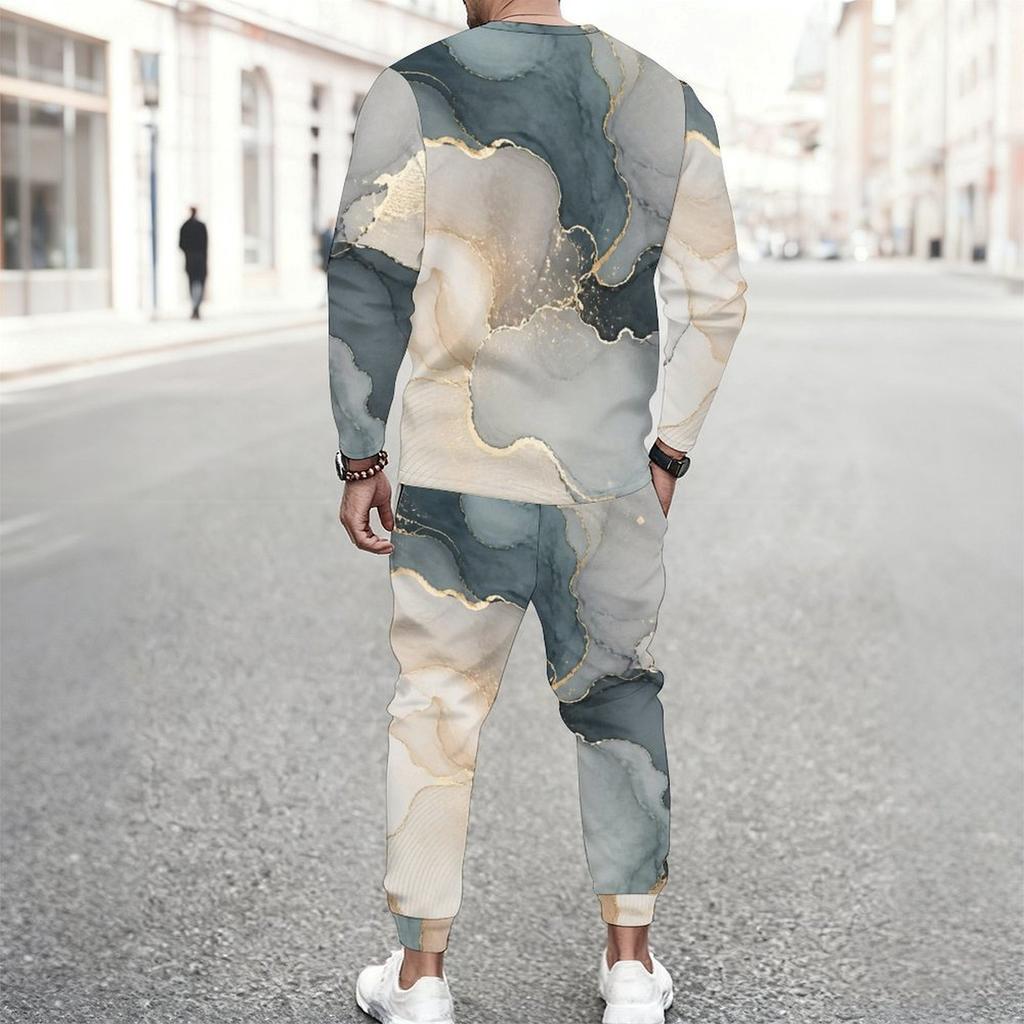 Men Plus Size White Printed Two Piece Set Round Neck Long Sleeve Top Cuffed Pants