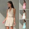 2 Pcs/Set Women Vest Shorts Suit Sleeveless Single-breasted Off Shoulder Halter Neck Button Solid Color Waistcoat