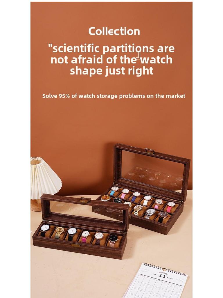Exquisite Vintage Wood Grain Leather Watch Box with Dustproof Glass Lid for Wristwatch Display and Storage.