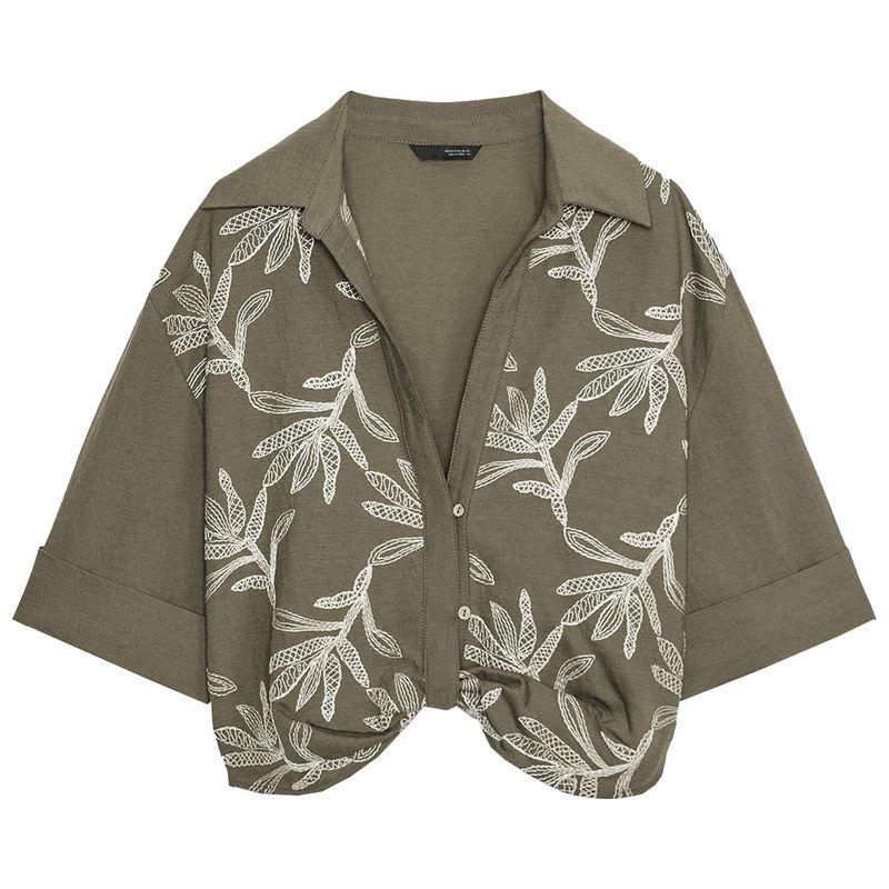 Zaprha 2025 Autumn New Women Lapel Curling Short sleeve V-neck Contrast Color Embroidery Shirts Top 3564156