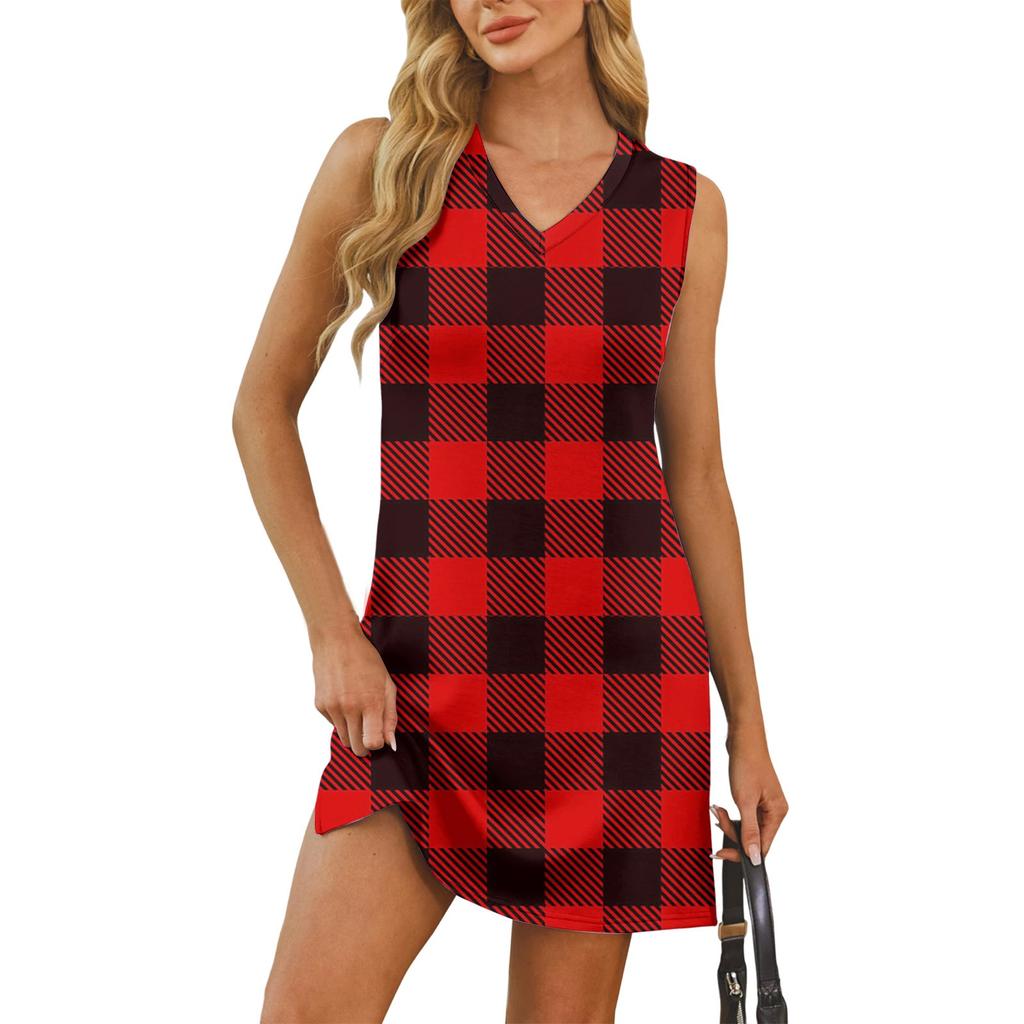 Женский летний повседневный сарафан без рукавов с V-образным вырезом и принтом в клетку для пляжного отдыха