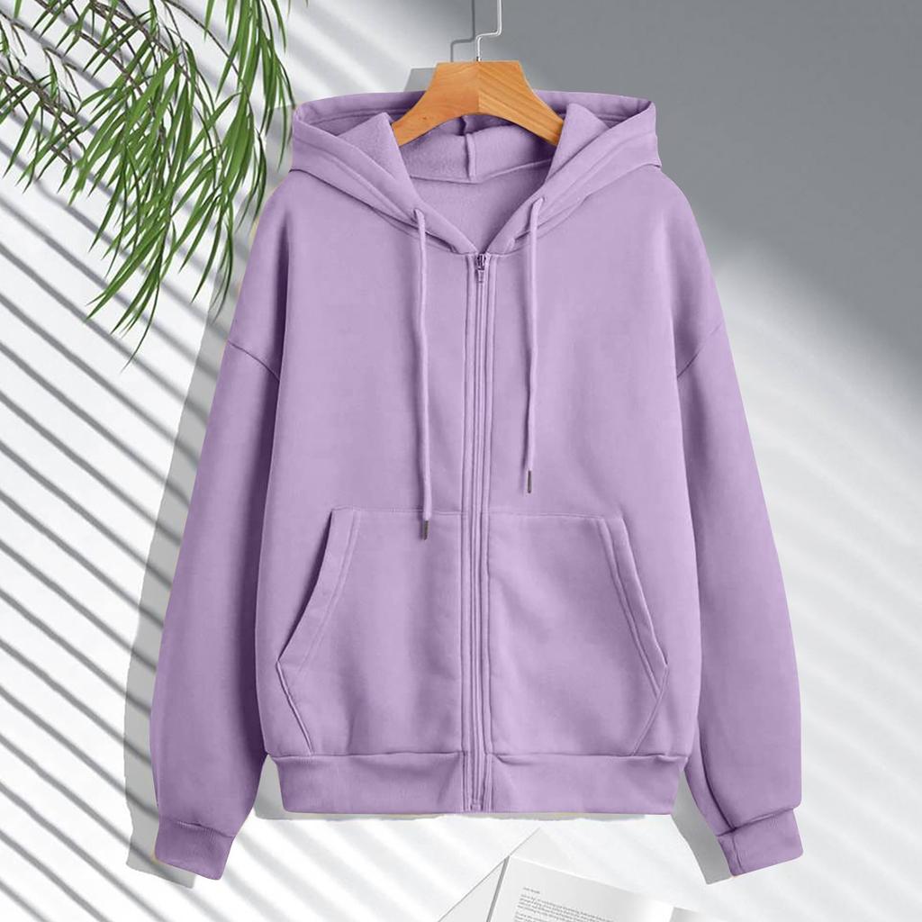 Women's sports hoodie spring new fashion casual cardigan drawstring sports sweater solid color zipper hoodie