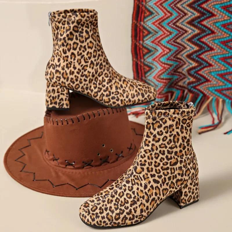 2024 New Women's Shoes Back Zipper Women's Boots Fashion Leopard Print Modern Boots Women Hot Sale Plus Size Ankle Boots Zapatos