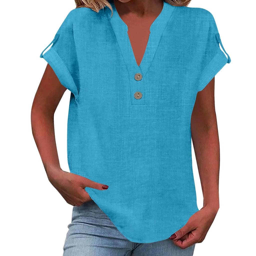 Women's Fashion Casual Solid Colour V-Neck Short Sleeve Button Down Shirt T-Shirt Top