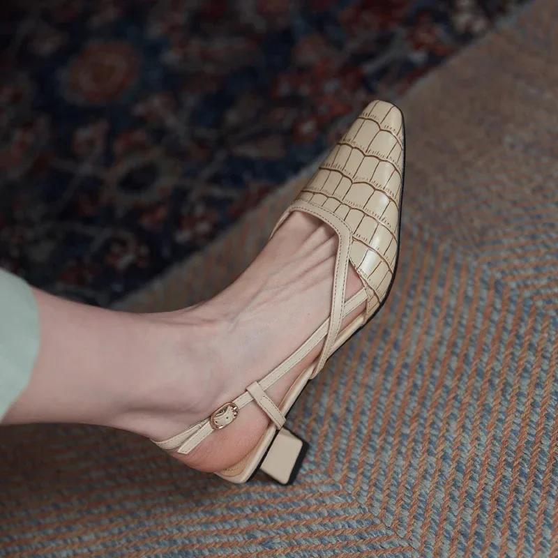 2024 Весна Лето Женские Сандалии Элегантные Лаконичные Офисные Дамы Квадратный Носок Высокие Каблуки Туфли Из Натуральной Кожи Женские Туфли-Лодочки