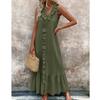 Women'S Spring And Summer Bohemian Maxi Dresses, Solid Color V-neck Sleeveless Pleated Hem Smoked Long Dress