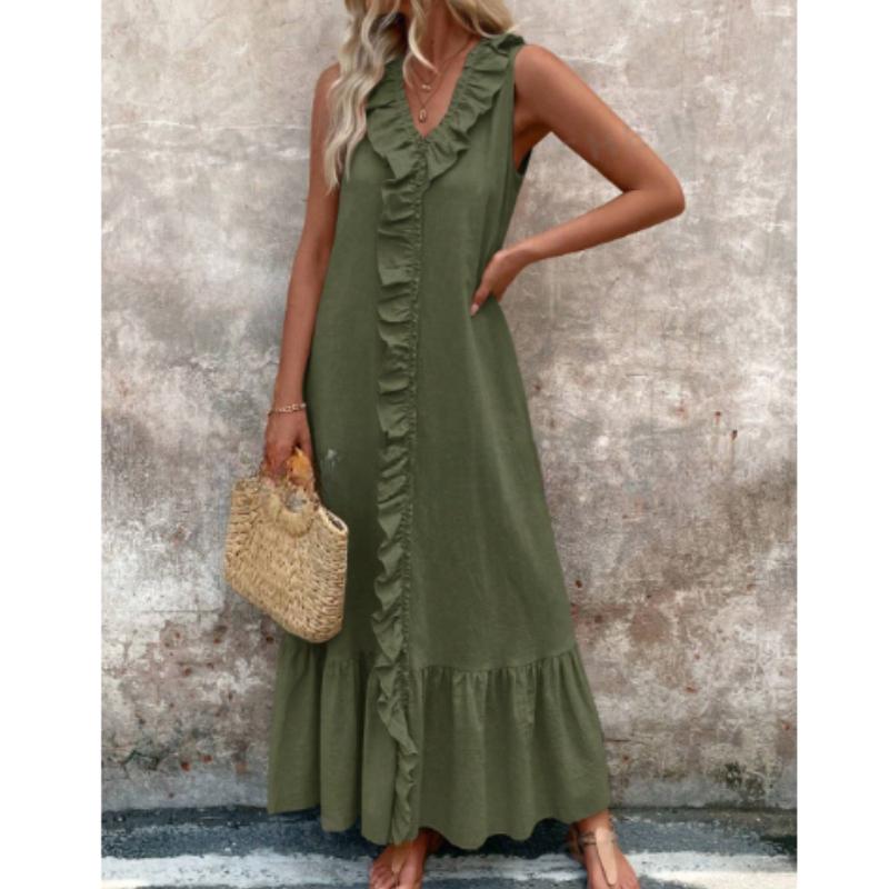 Women'S Spring And Summer Bohemian Maxi Dresses, Solid Color V-neck Sleeveless Pleated Hem Smoked Long Dress