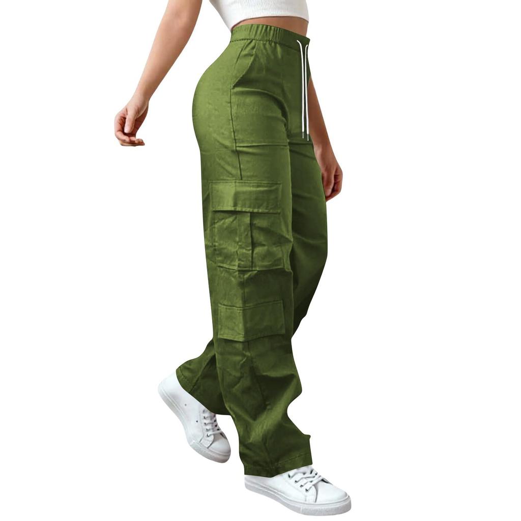 Womens Elastic High Waisted Cargo Pants Stretch Casual Wide Leg Streetwear Parachute Hiking Pants With Pockets