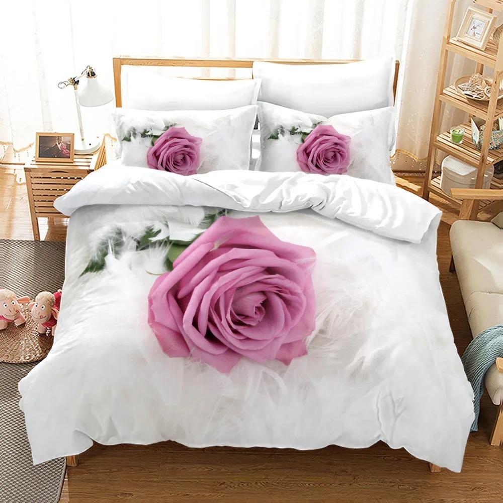Pink Rose Bedding Set Fashion Romantic Home Textile Single Double Size For Couple Woman Girls Bedroom Decor Flowers Duvet Cover