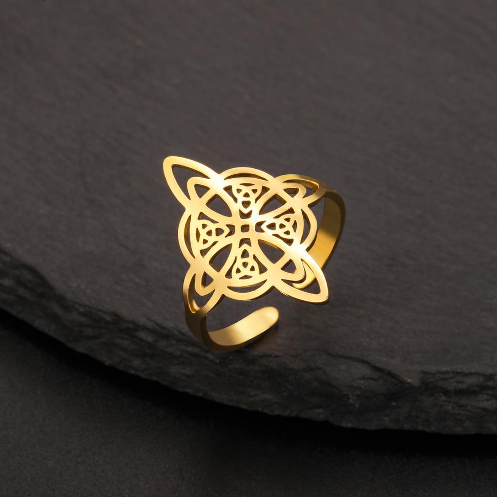 YILUOCD Witchcraft Stainless Steel Open Ring Supernatural Witch Knot Rings For Women Wiccan Cross Protection Amulet Jewelry